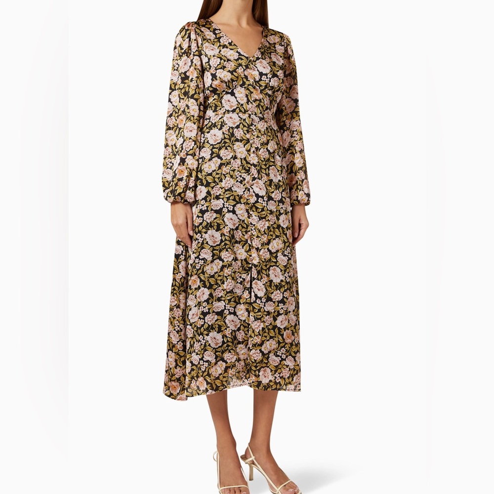 MINKPINK Eliza Black Floral Print Midi Dress XS
